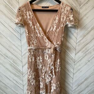 Floral Lace Wrap Dress in Cream and Tan